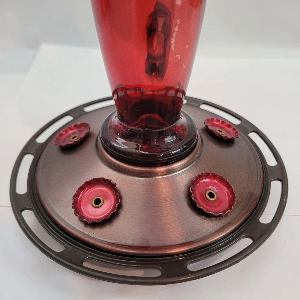 CB & Sons Nectar Hummingbird Feeder Red Glass Metal Vintage Hanging Outdoor 20oz